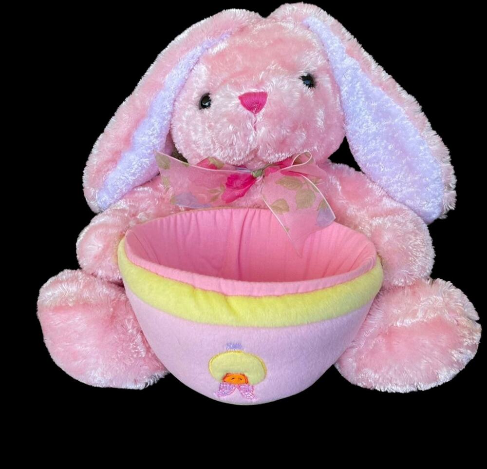 Plush Bunny Easter Basket Candy Holder Pink Round Stuffed 10" Toy READ